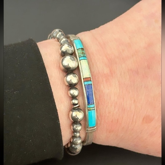 Navajo inlay turquoise multi stone sterling silver vintage cuff - Picture 2 of 7